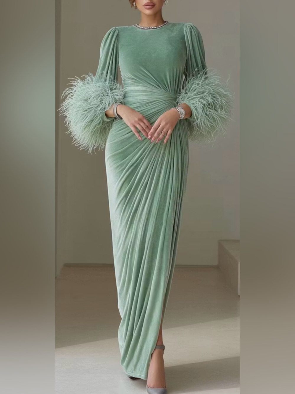Seafoam Green Velvet Dress with Feather Trim